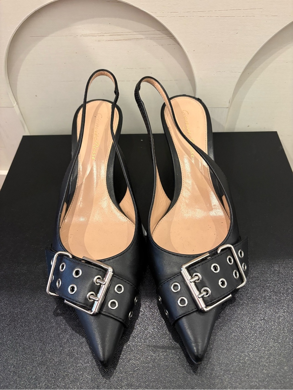 Gianvito Rossi Black Pointed-Toe Slingback Pumps with Buckle